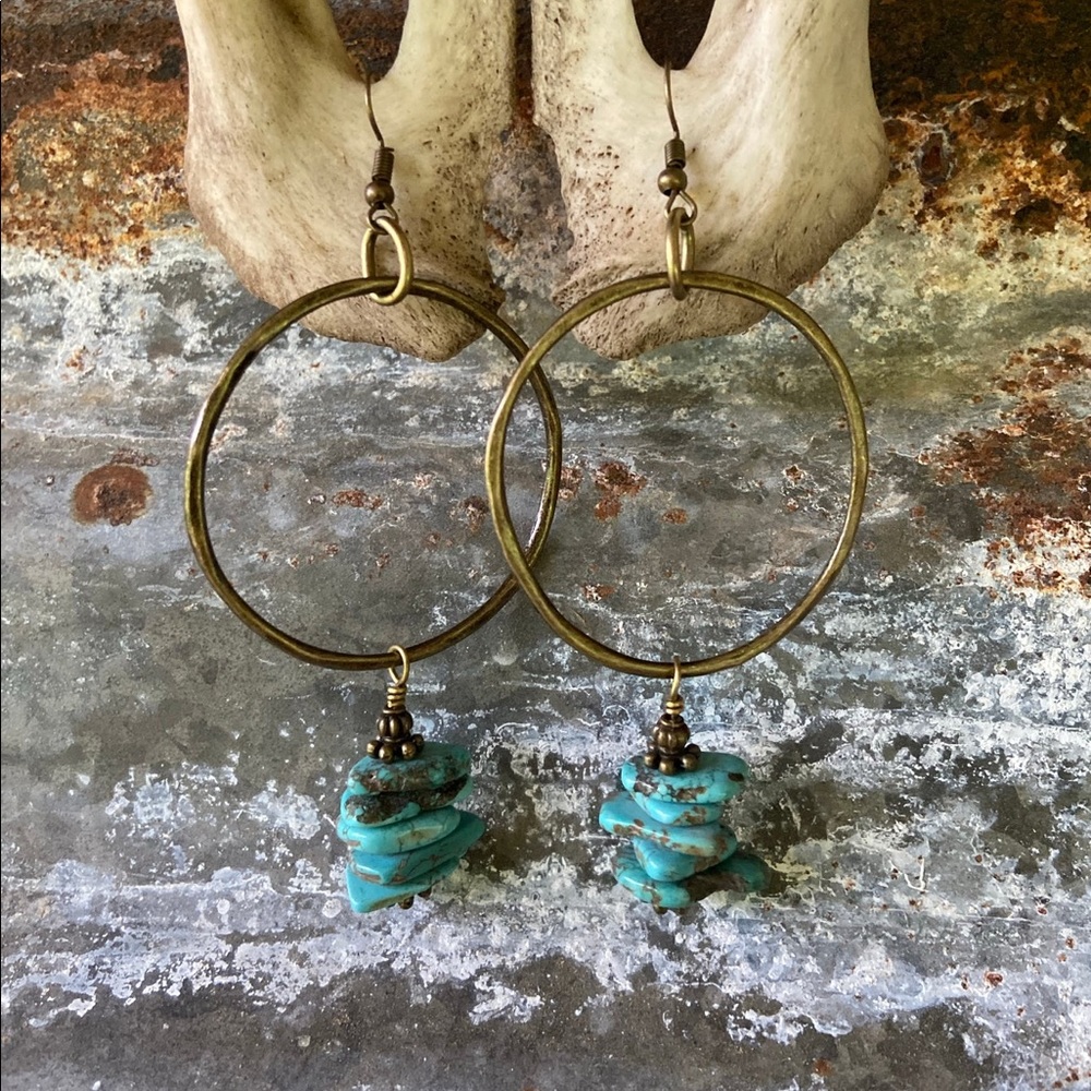 Bronze Hoop Turquoise Chip Earrings